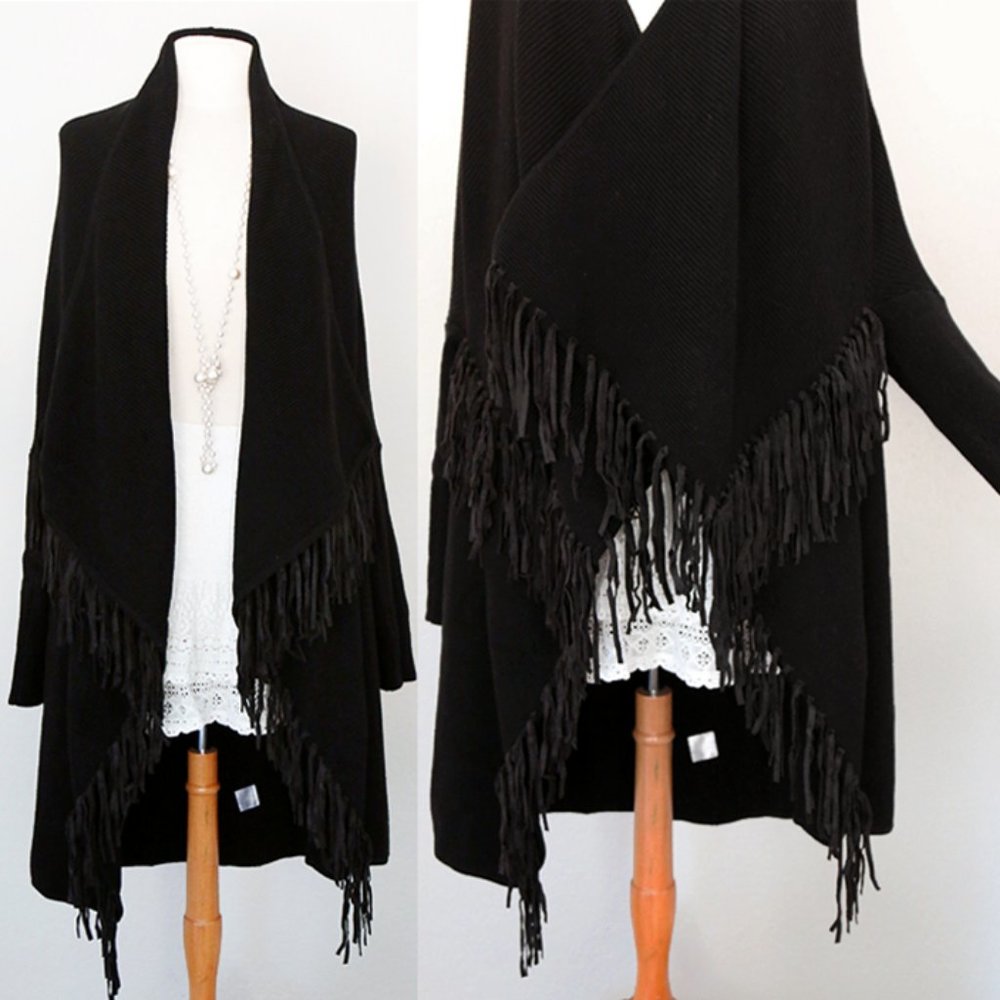Faux Suede Fringed Waterfall Open Long Cardigan - Picture 7 of 10